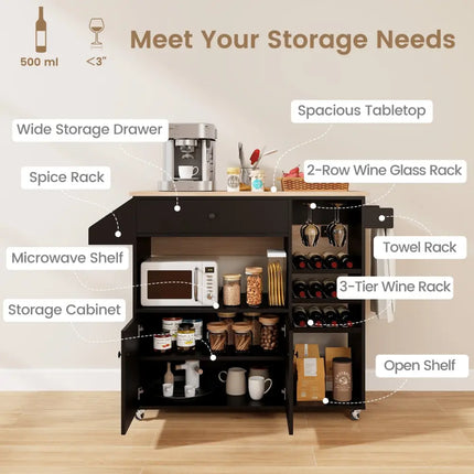 Drop Leaf Mobile Kitchen Island Cart with Power Outlet and Adjustable Shelf-Black and Natural - Black - Kitchen Islands