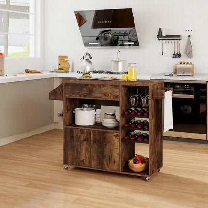 Drop Leaf Mobile Kitchen Island Cart with Power Outlet and Adjustable Shelf-Rustic Brown - Rustic Brown - Kitchen
