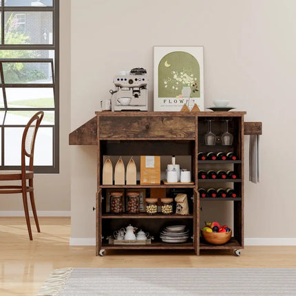 Drop Leaf Mobile Kitchen Island Cart with Power Outlet and Adjustable Shelf-Rustic Brown - Rustic Brown - Kitchen
