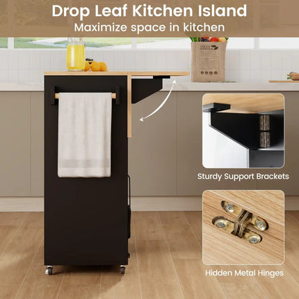 Drop Leaf Mobile Kitchen Island Cart with Power Outlet and Adjustable Shelf-Black and Natural - Black - Kitchen Islands