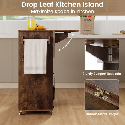 Drop Leaf Mobile Kitchen Island Cart with Power Outlet and Adjustable Shelf-Rustic Brown - Rustic Brown - Kitchen