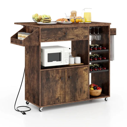 Drop Leaf Mobile Kitchen Island Cart with Power Outlet and Adjustable Shelf-Rustic Brown - Rustic Brown - Kitchen