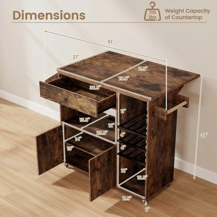 Drop Leaf Mobile Kitchen Island Cart with Power Outlet and Adjustable Shelf-Rustic Brown - Rustic Brown - Kitchen