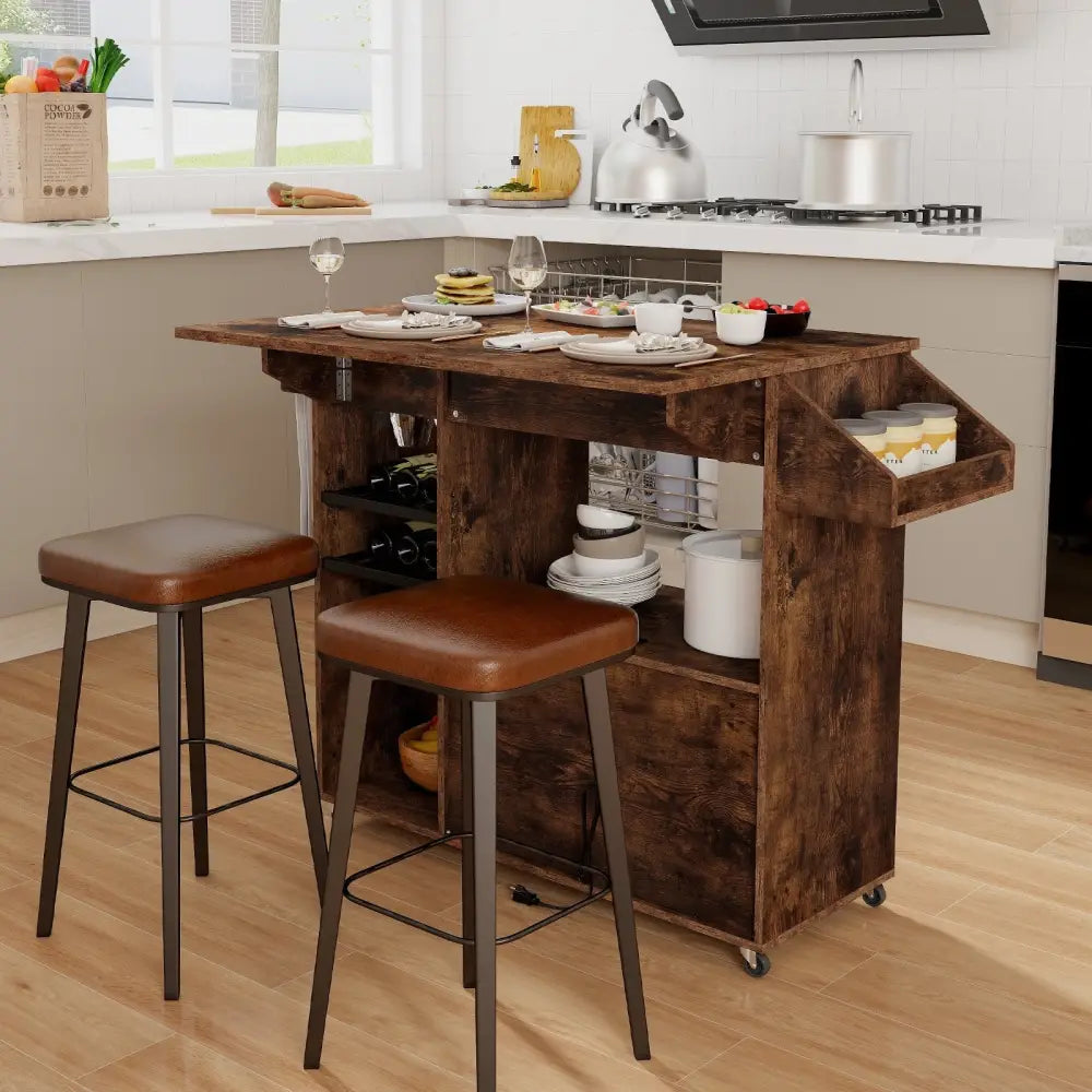 Drop Leaf Mobile Kitchen Island Cart with Power Outlet and Adjustable Shelf-Rustic Brown - Rustic Brown - Kitchen