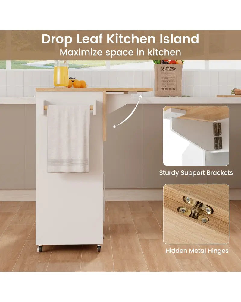 Drop Leaf Mobile Kitchen Island Cart with Power Outlet and Adjustable Shelf-White - White - Kitchen Islands & Carts