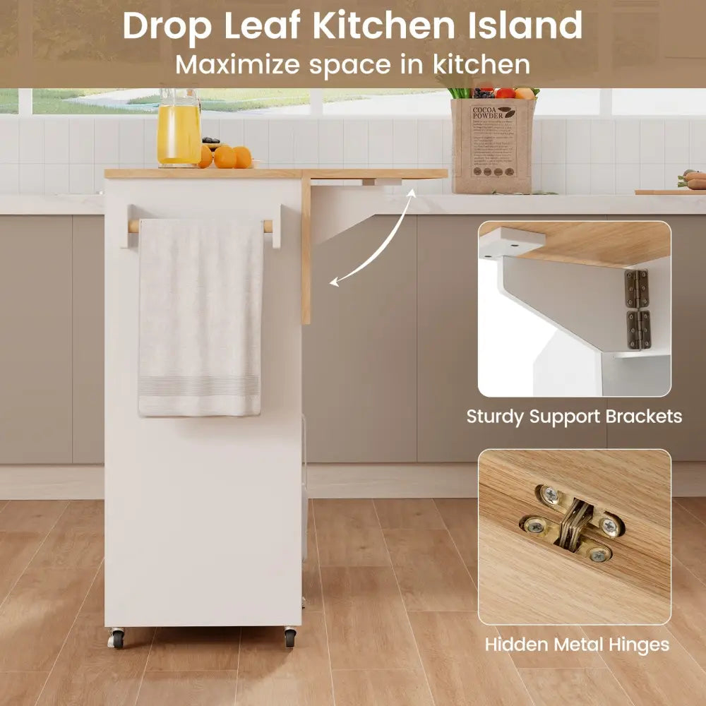 Drop Leaf Mobile Kitchen Island Cart with Power Outlet and Adjustable Shelf-White - White - Kitchen Islands & Carts