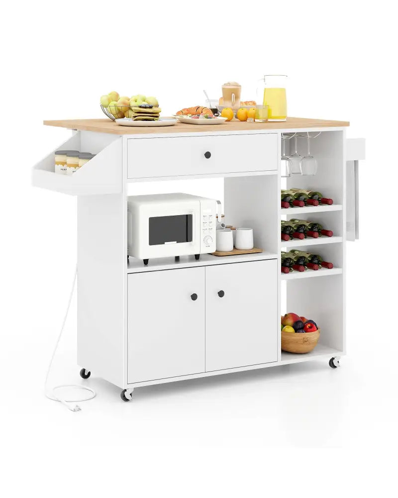 Drop Leaf Mobile Kitchen Island Cart with Power Outlet and Adjustable Shelf-White - White - Kitchen Islands & Carts