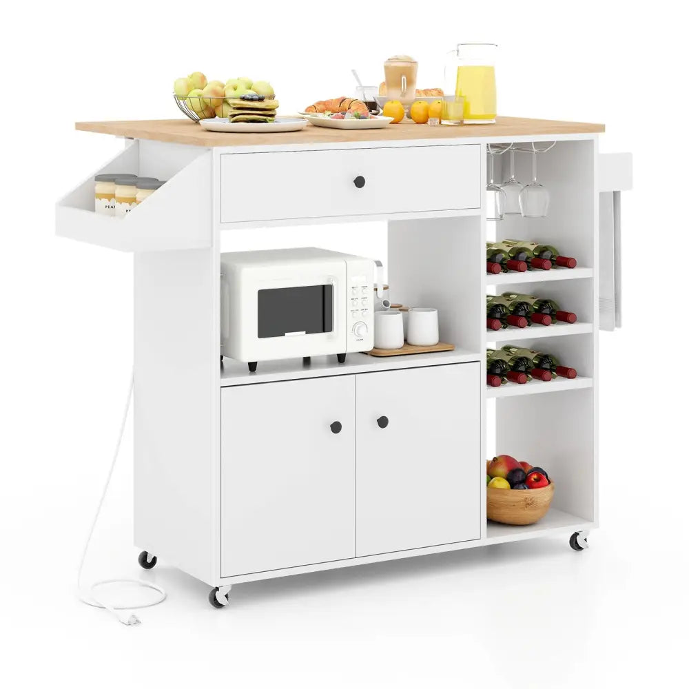 Drop Leaf Mobile Kitchen Island Cart with Power Outlet and Adjustable Shelf-White - White - Kitchen Islands & Carts