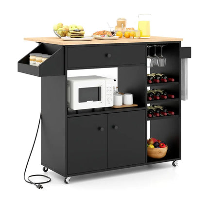 Drop Leaf Mobile Kitchen Island Cart with Power Outlet and Adjustable Shelf-Black and Natural - Black - Kitchen Islands