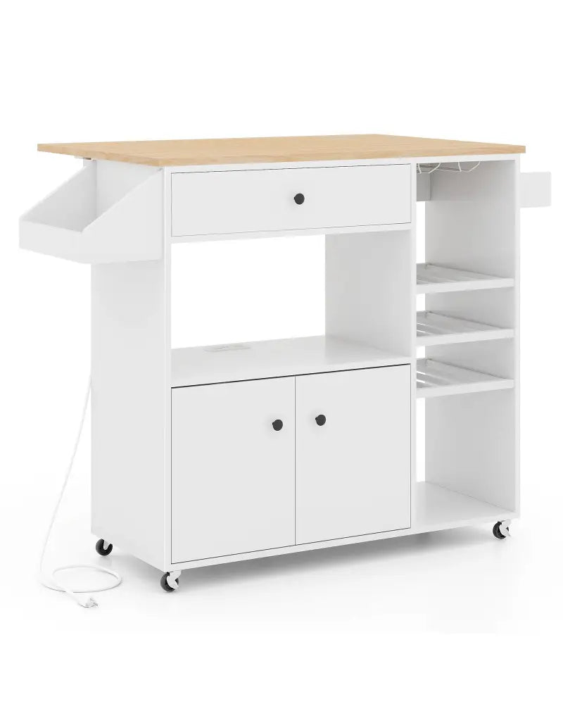 Drop Leaf Mobile Kitchen Island Cart with Power Outlet and Adjustable Shelf-White - White - Kitchen Islands & Carts