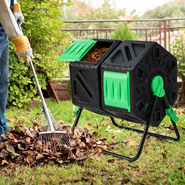 Dual Chamber Garden Compost Tumbler with Sliding Doors-Black & Green - Black & Green - Garden Tools