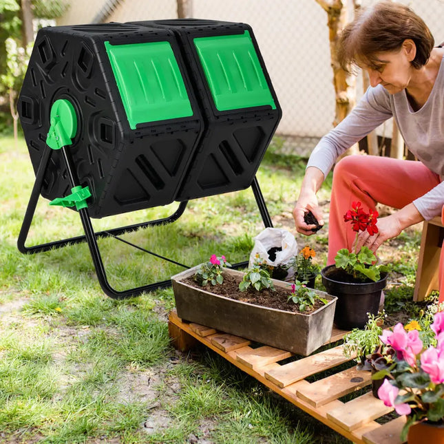 Dual Chamber Garden Compost Tumbler with Sliding Doors-Black & Green - Black & Green - Garden Tools