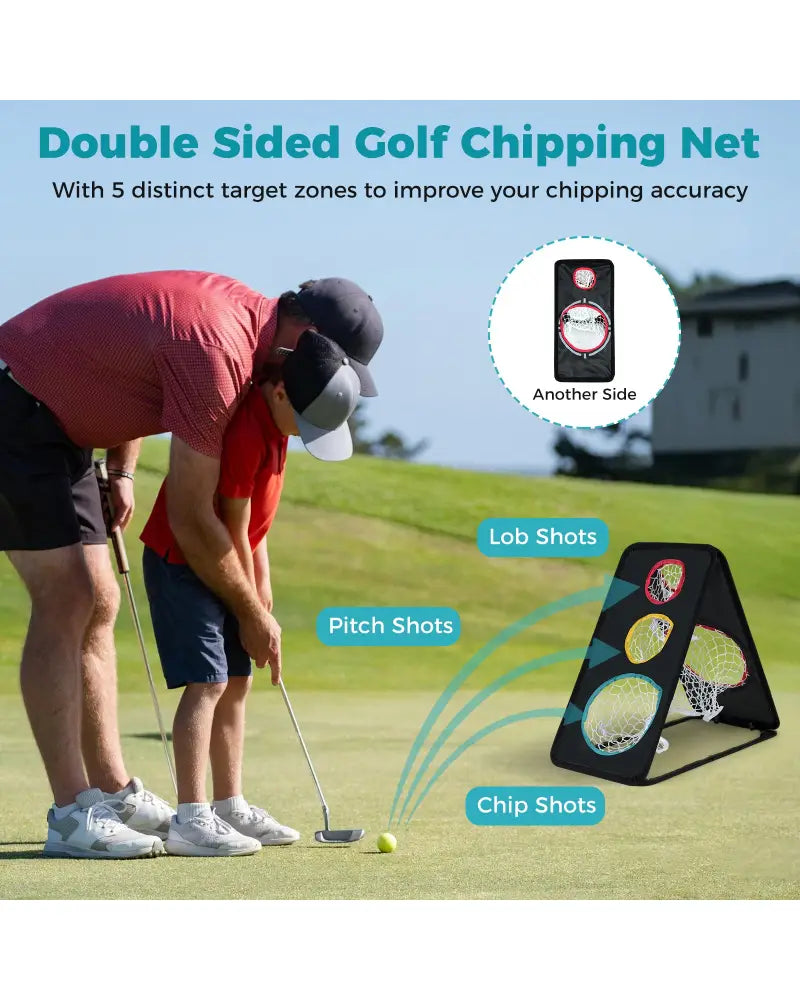 Dual-Sided Golf Chipping Net Triple Target Training System with 5 Target Holes - Golf