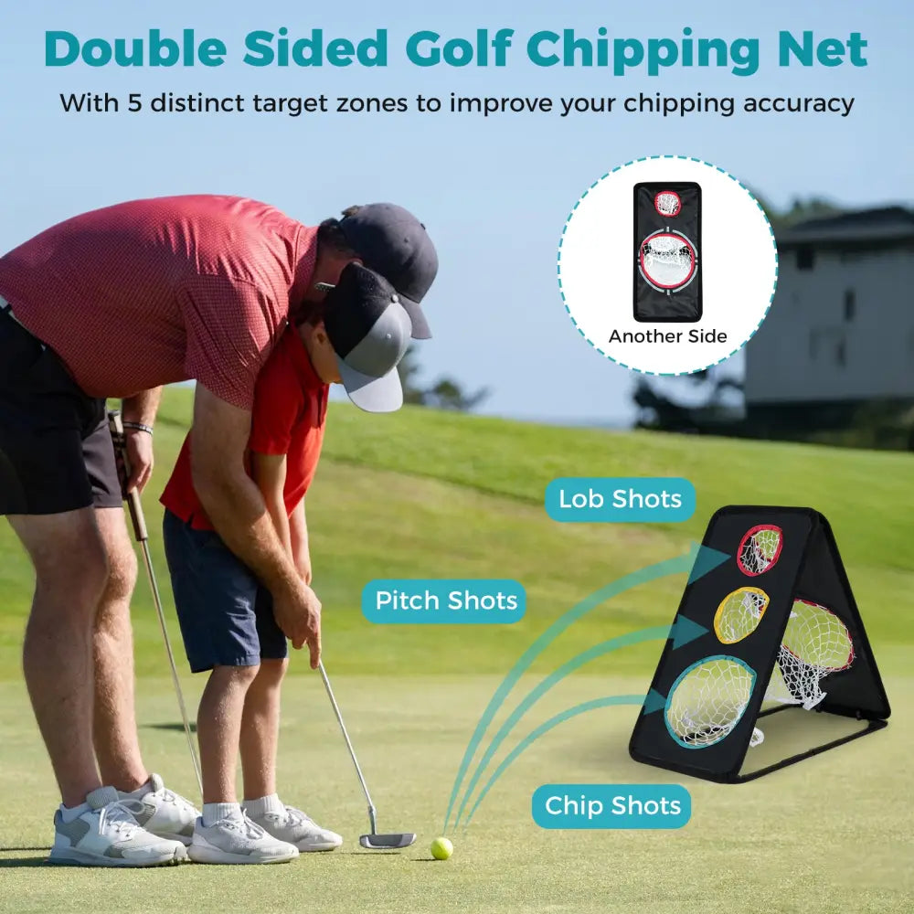 Dual-Sided Golf Chipping Net Triple Target Training System with 5 Target Holes - Golf