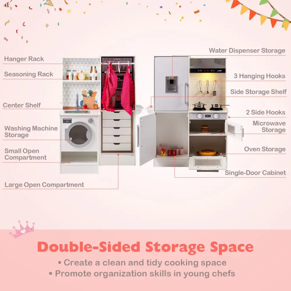 Dual-Sided Kids Play Kitchen with Water Dispenser and Range Hood for 3+ Years Old-White - White - Play Kitchen Sets