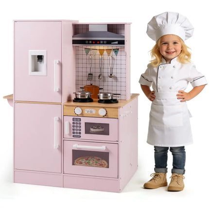Dual - Sided Kids Play Kitchen with Water Dispenser and Range Hood for 3+ Years Old - Pink - Oasis Home Essentials