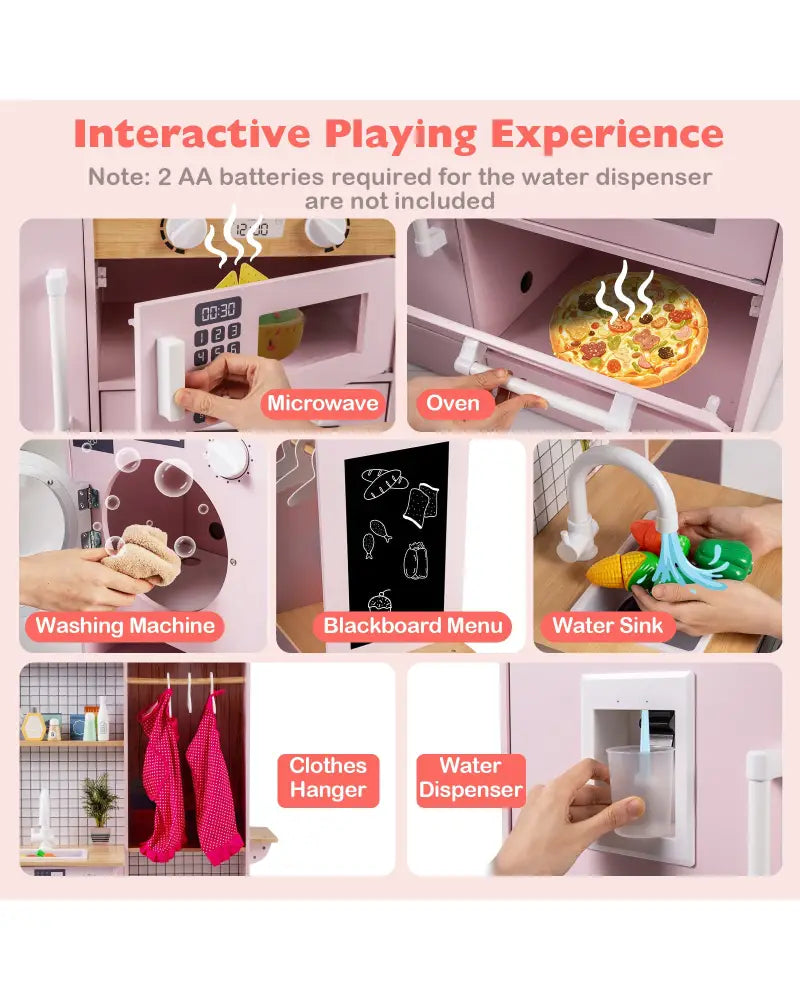 Dual-Sided Kids Play Kitchen with Water Dispenser and Range Hood for 3+ Years Old-Pink - Pink - Play Kitchen Sets
