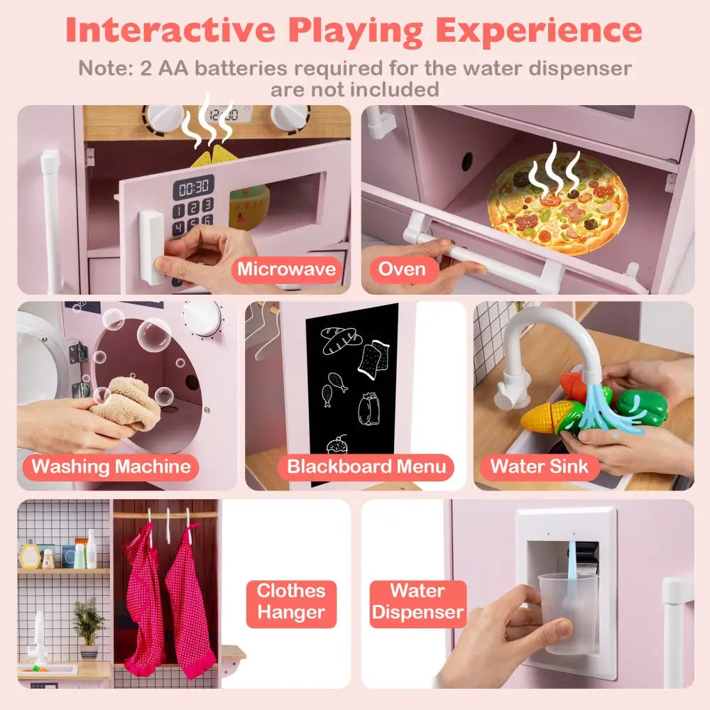 Dual-Sided Kids Play Kitchen with Water Dispenser and Range Hood for 3+ Years Old-Pink - Pink - Play Kitchen Sets