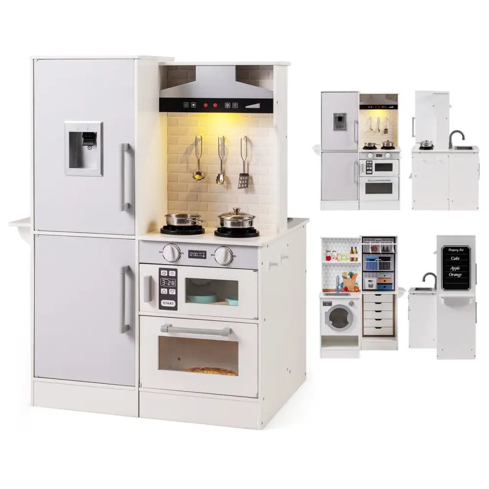 Dual-Sided Kids Play Kitchen with Water Dispenser and Range Hood for 3+ Years Old-White - White - Play Kitchen Sets