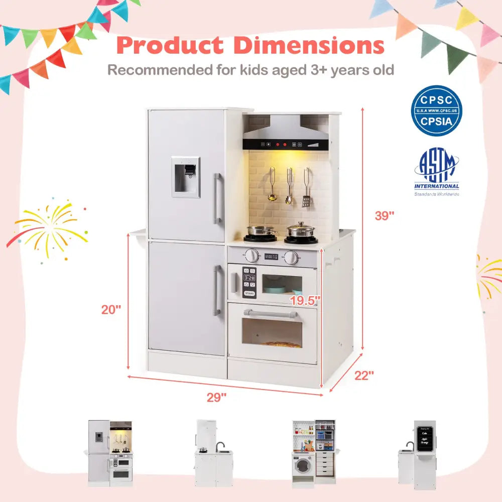 Dual-Sided Kids Play Kitchen with Water Dispenser and Range Hood for 3+ Years Old-White - White - Play Kitchen Sets