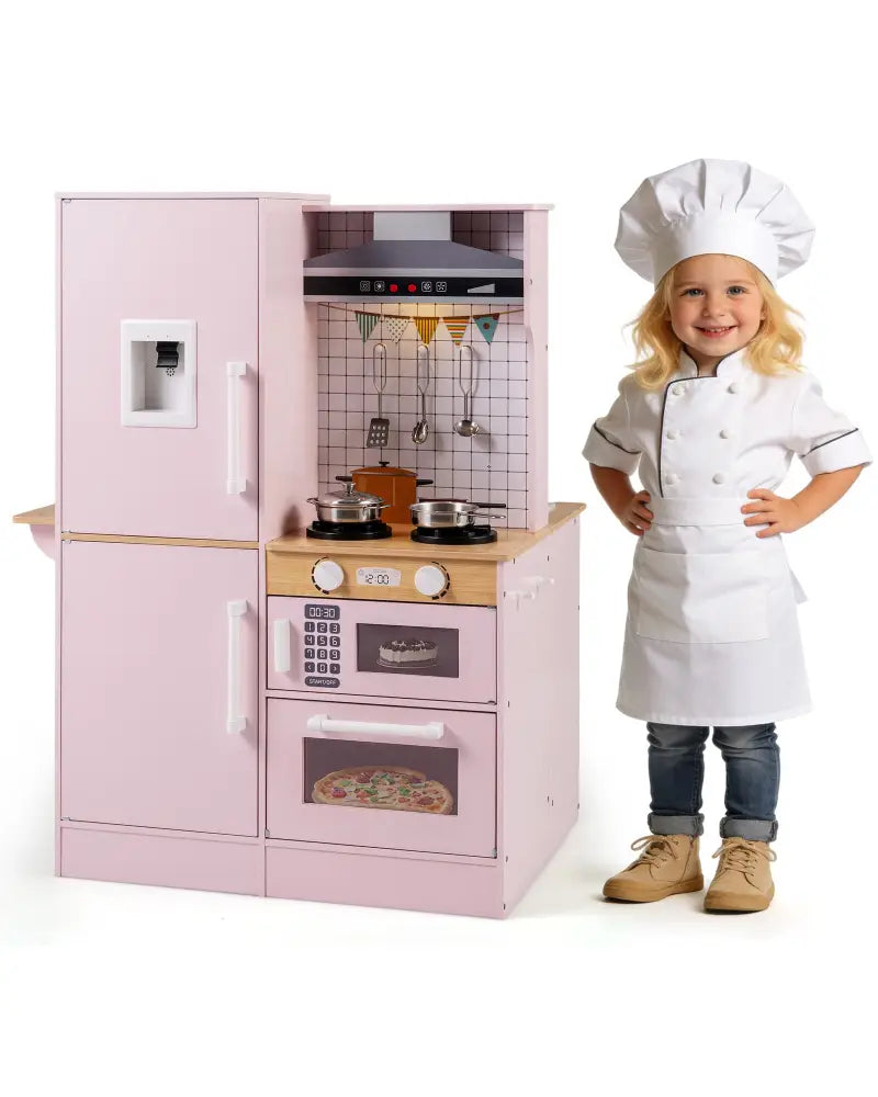 Dual-Sided Kids Play Kitchen with Water Dispenser and Range Hood for 3+ Years Old-Pink - Pink - Play Kitchen Sets