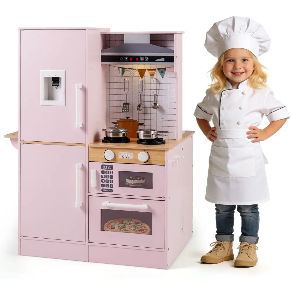 Dual-Sided Kids Play Kitchen with Water Dispenser and Range Hood for 3+ Years Old-Pink - Pink - Play Kitchen Sets