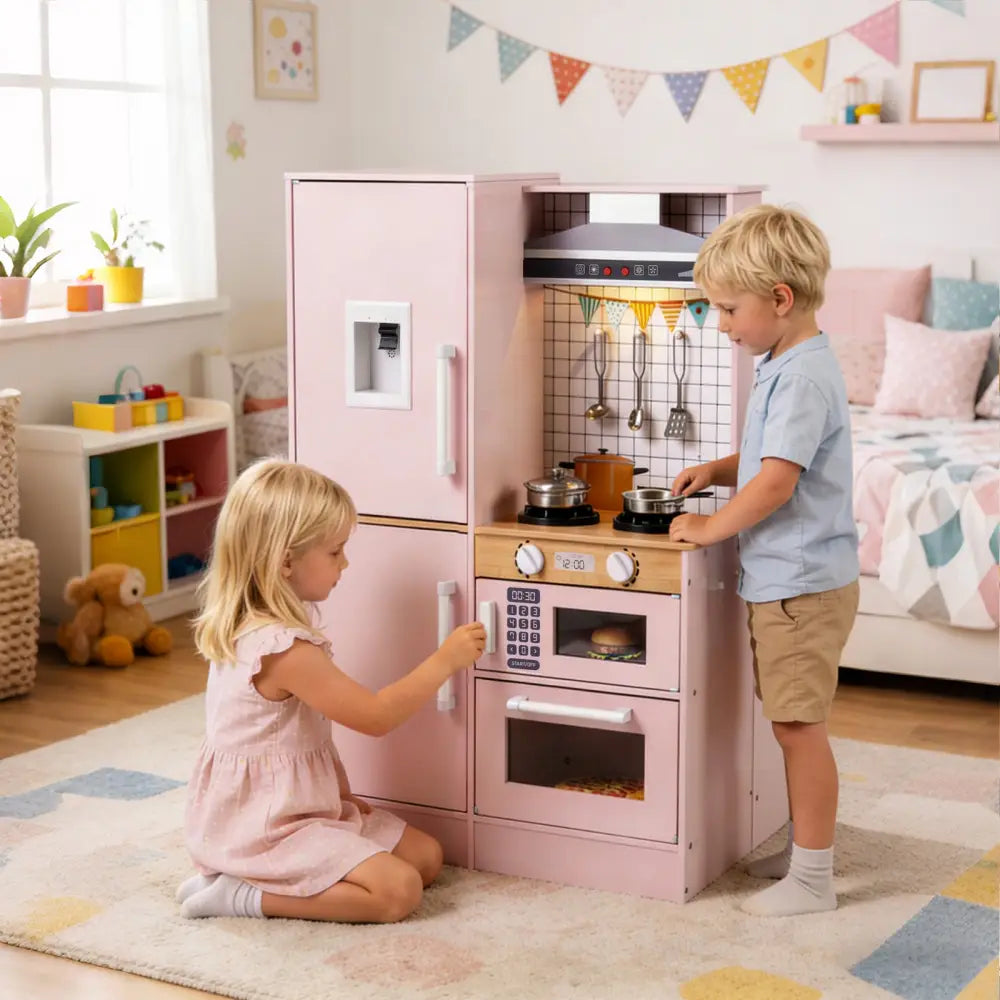 Dual-Sided Kids Play Kitchen with Water Dispenser and Range Hood for 3+ Years Old-Pink - Pink - Play Kitchen Sets