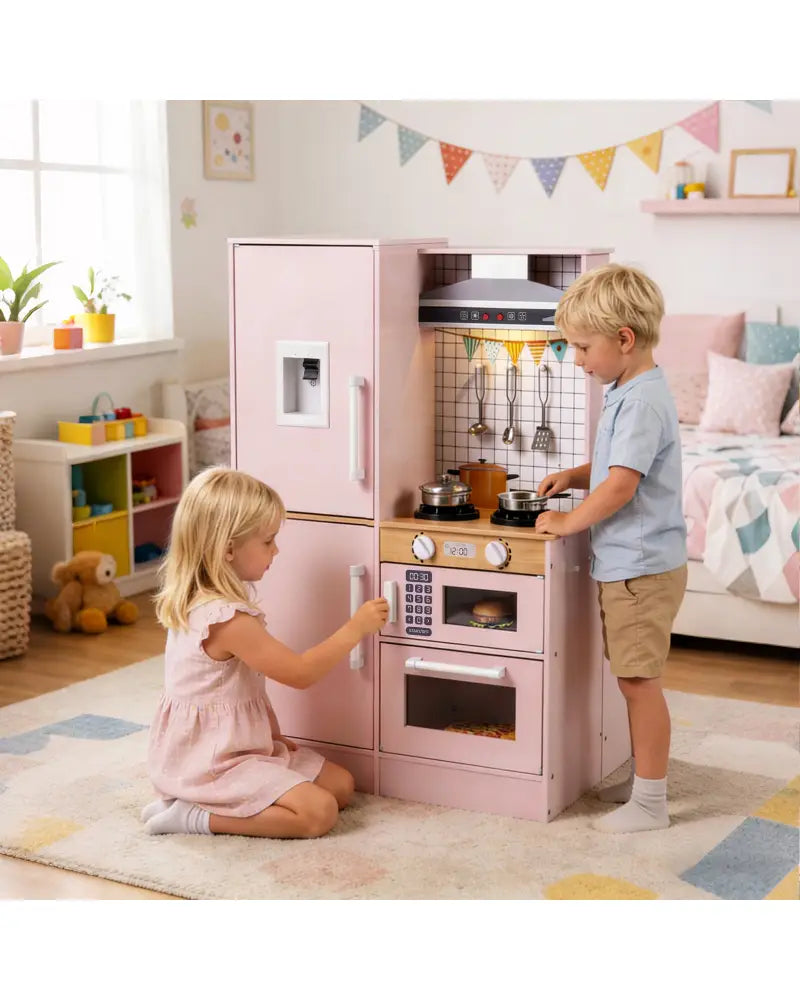 Dual-Sided Kids Play Kitchen with Water Dispenser and Range Hood for 3+ Years Old-Pink - Pink - Play Kitchen Sets