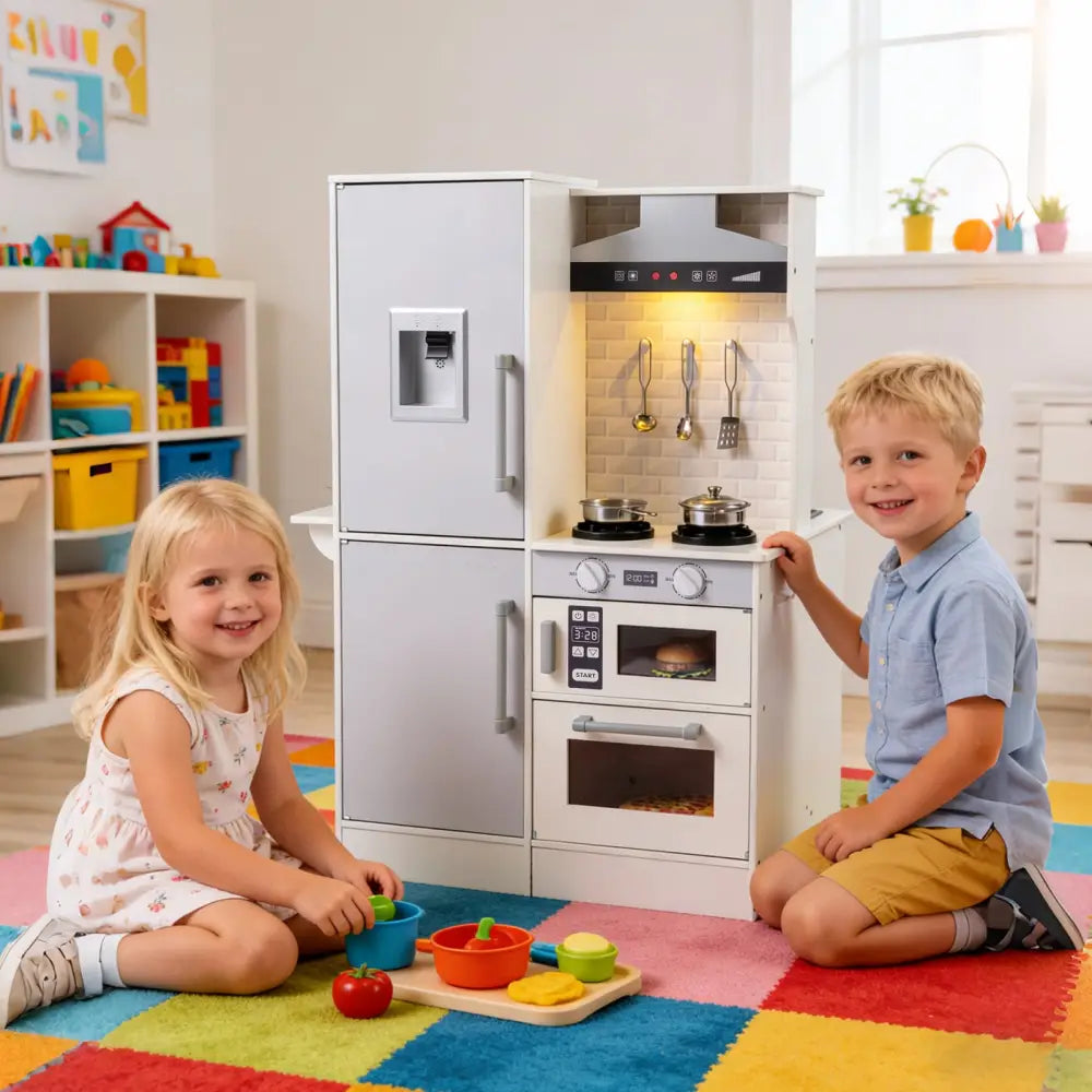 Dual-Sided Kids Play Kitchen with Water Dispenser and Range Hood for 3+ Years Old-White - White - Play Kitchen Sets