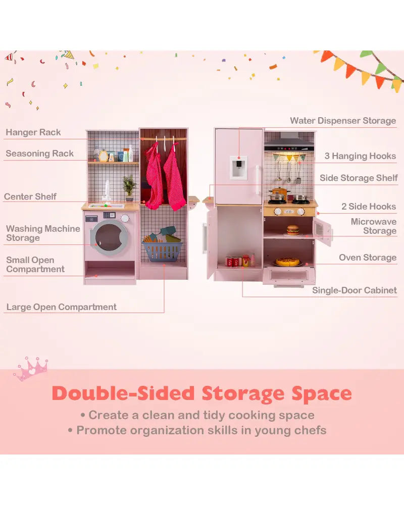 Dual-Sided Kids Play Kitchen with Water Dispenser and Range Hood for 3+ Years Old-Pink - Pink - Play Kitchen Sets