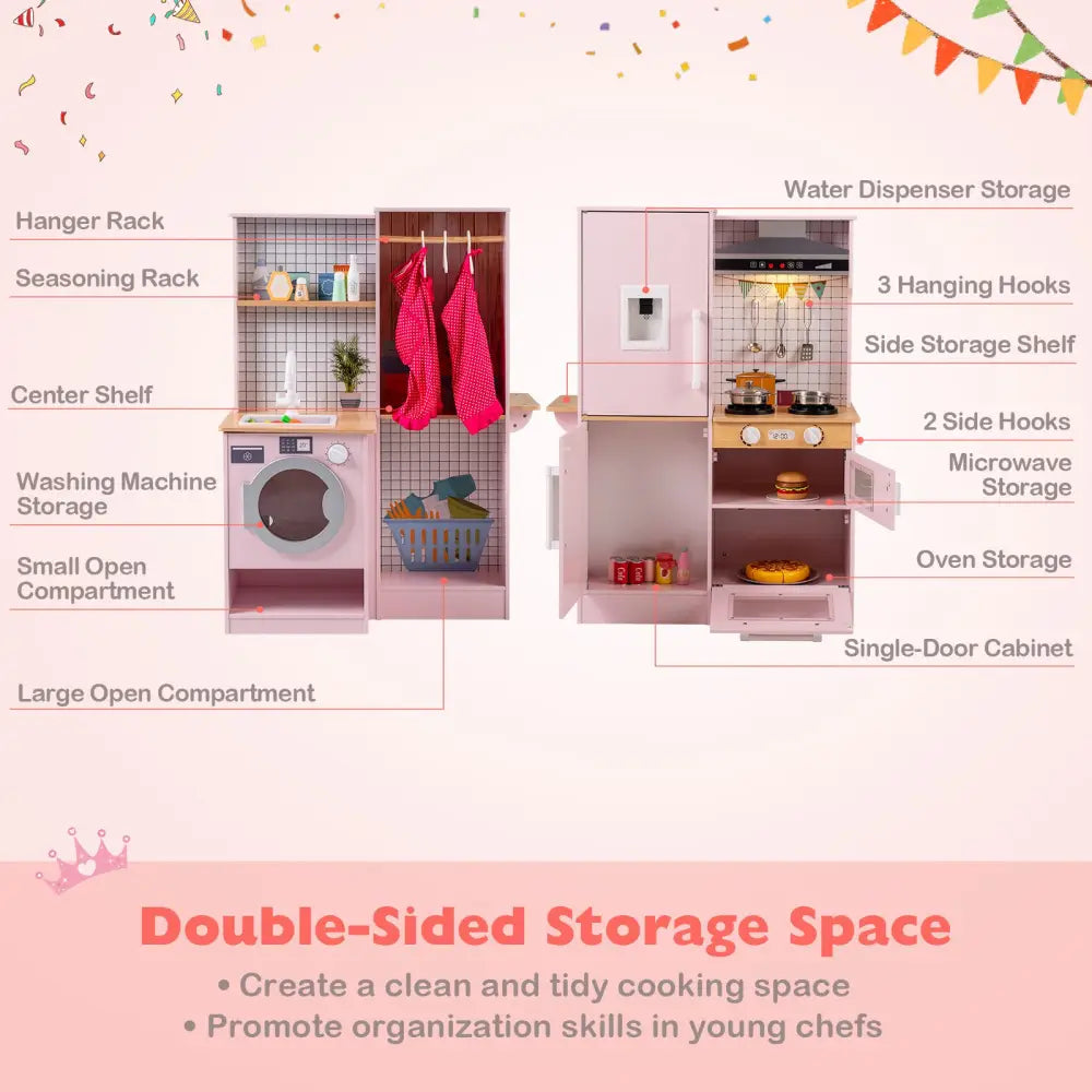 Dual-Sided Kids Play Kitchen with Water Dispenser and Range Hood for 3+ Years Old-Pink - Pink - Play Kitchen Sets