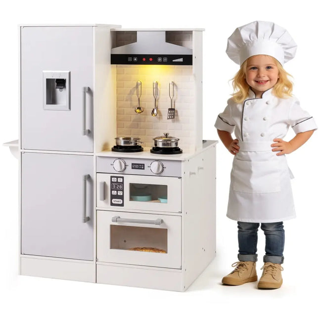 Dual - Sided Kids Play Kitchen with Water Dispenser and Range Hood for 3+ Years Old - White - Oasis Home Essentials