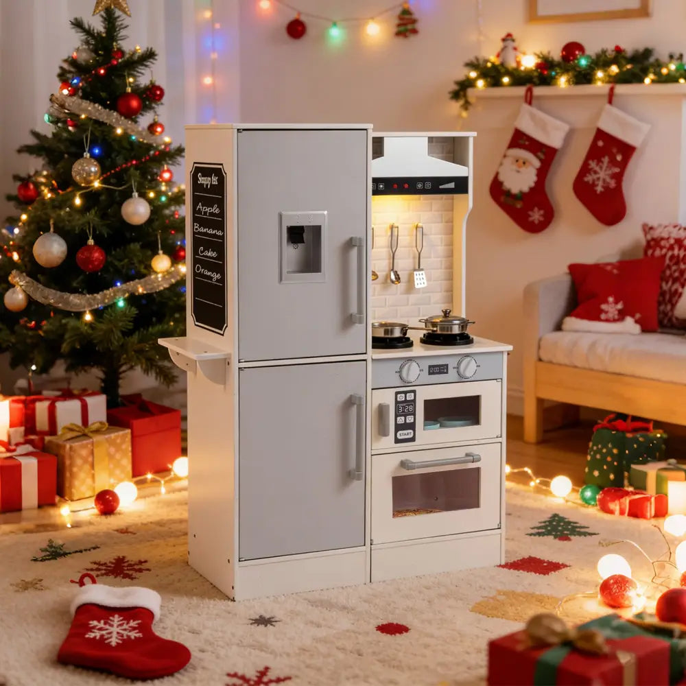 Dual-Sided Kids Play Kitchen with Water Dispenser and Range Hood for 3+ Years Old-White - White - Play Kitchen Sets