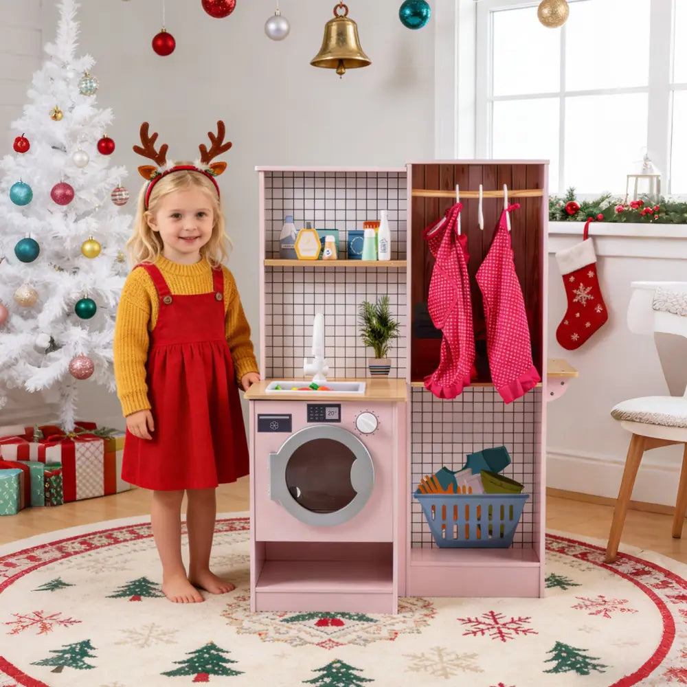 Dual-Sided Kids Play Kitchen with Water Dispenser and Range Hood for 3+ Years Old-Pink - Pink - Play Kitchen Sets