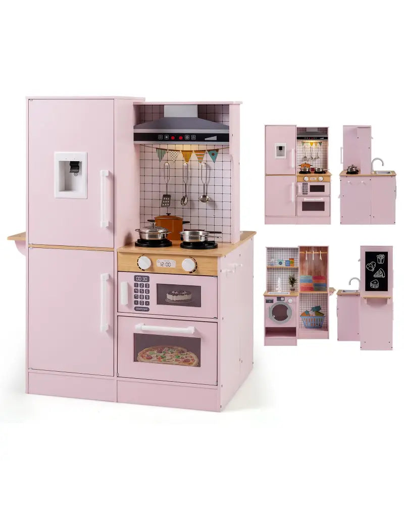 Dual-Sided Kids Play Kitchen with Water Dispenser and Range Hood for 3+ Years Old-Pink - Pink - Play Kitchen Sets