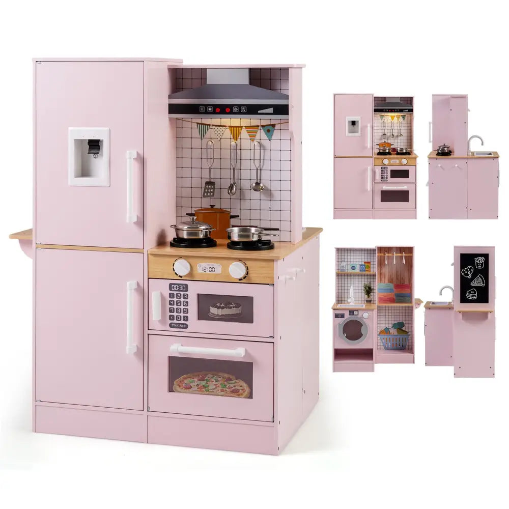 Dual-Sided Kids Play Kitchen with Water Dispenser and Range Hood for 3+ Years Old-Pink - Pink - Play Kitchen Sets