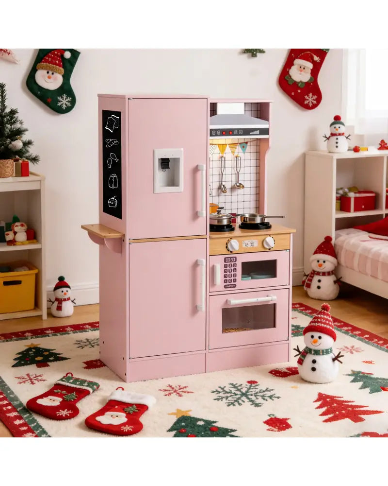 Dual-Sided Kids Play Kitchen with Water Dispenser and Range Hood for 3+ Years Old-Pink - Pink - Play Kitchen Sets