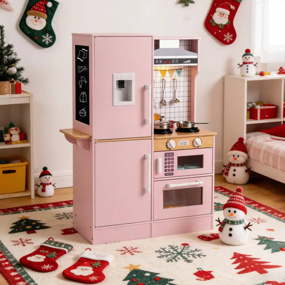 Dual-Sided Kids Play Kitchen with Water Dispenser and Range Hood for 3+ Years Old-Pink - Pink - Play Kitchen Sets