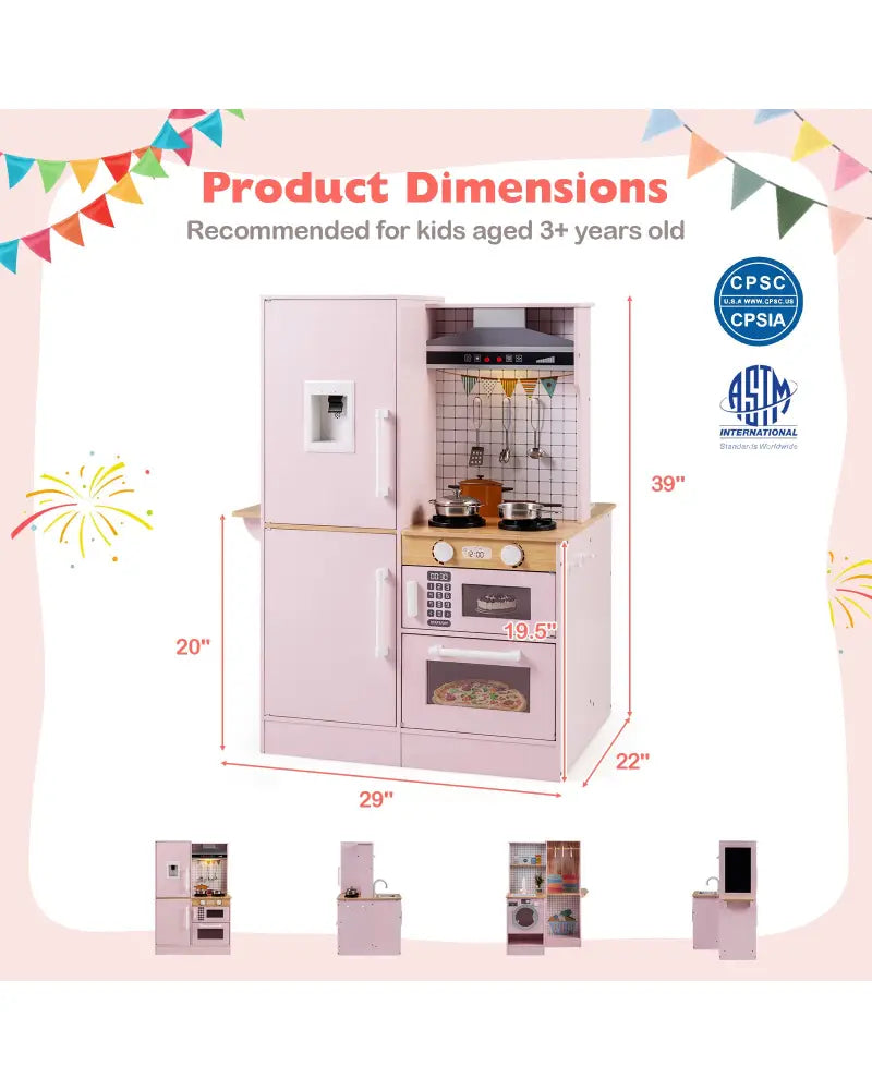 Dual-Sided Kids Play Kitchen with Water Dispenser and Range Hood for 3+ Years Old-Pink - Pink - Play Kitchen Sets