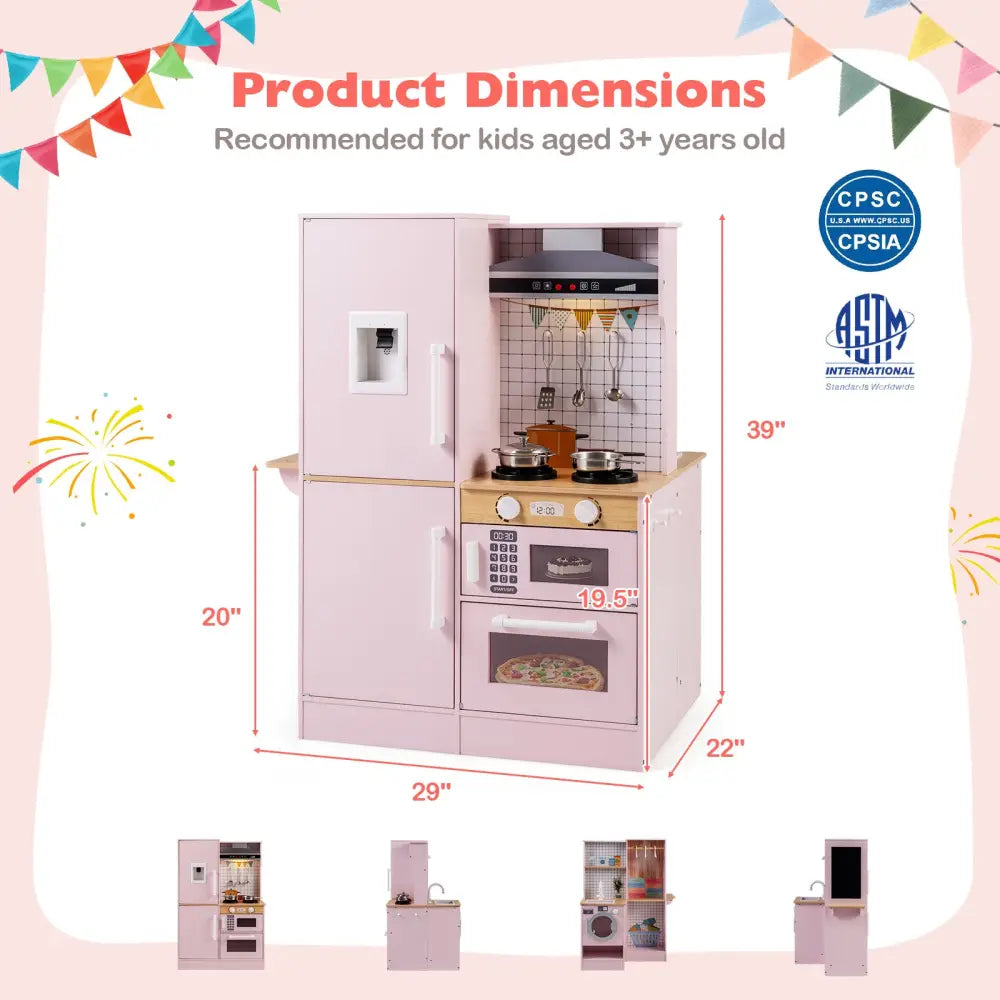 Dual-Sided Kids Play Kitchen with Water Dispenser and Range Hood for 3+ Years Old-Pink - Pink - Play Kitchen Sets