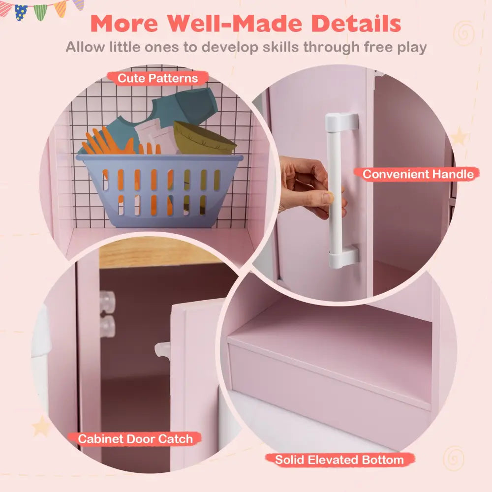 Dual-Sided Kids Play Kitchen with Water Dispenser and Range Hood for 3+ Years Old-Pink - Pink - Play Kitchen Sets