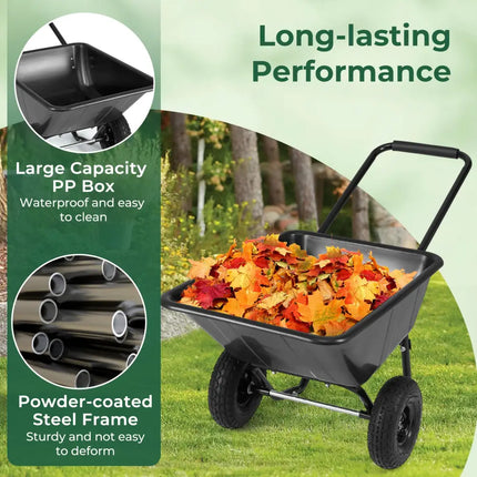 Dual-Wheel Wheelbarrow Garden Utility Cart with Pneumatic Tires-Black - Black - Garden Carts