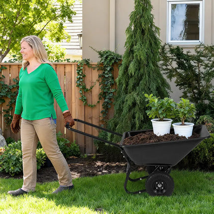 Dual-Wheel Wheelbarrow Garden Utility Cart with Pneumatic Tires-Black - Black - Garden Carts