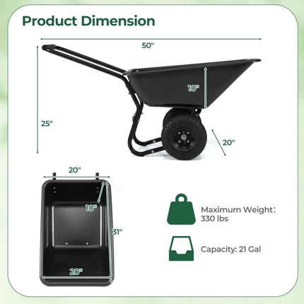 Dual-Wheel Wheelbarrow Garden Utility Cart with Pneumatic Tires-Black - Black - Garden Carts