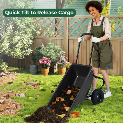 Dual-Wheel Wheelbarrow Garden Utility Cart with Pneumatic Tires-Black - Black - Garden Carts