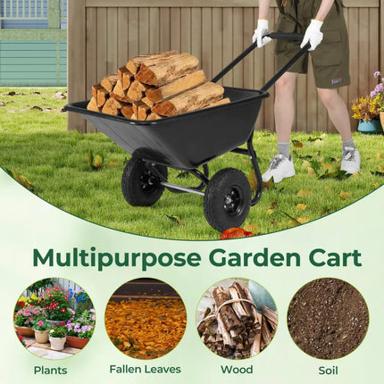 Dual-Wheel Wheelbarrow Garden Utility Cart with Pneumatic Tires-Black - Black - Garden Carts