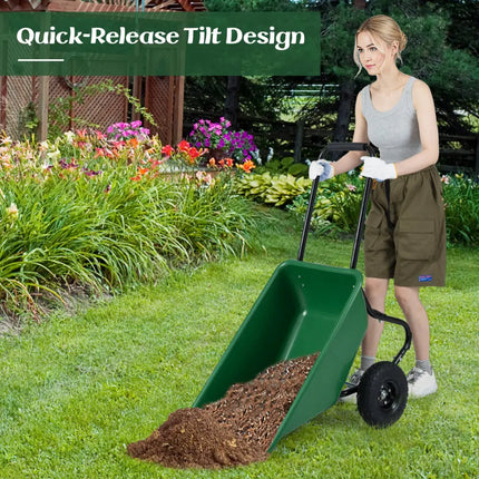 Dual-Wheel Wheelbarrow Garden Utility Cart with Pneumatic Tires-Green - Green - Garden Carts