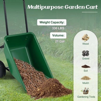 Dual-Wheel Wheelbarrow Garden Utility Cart with Pneumatic Tires-Green - Green - Garden Carts