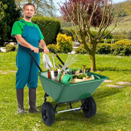 Dual-Wheel Wheelbarrow Garden Utility Cart with Pneumatic Tires-Green - Green - Garden Carts