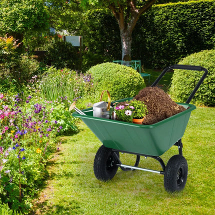 Dual-Wheel Wheelbarrow Garden Utility Cart with Pneumatic Tires-Green - Green - Garden Carts